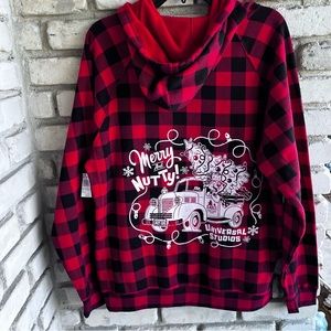 Universal Studios Earl the Squirrel buffalo plaid hooded sweatshirt Chri…
